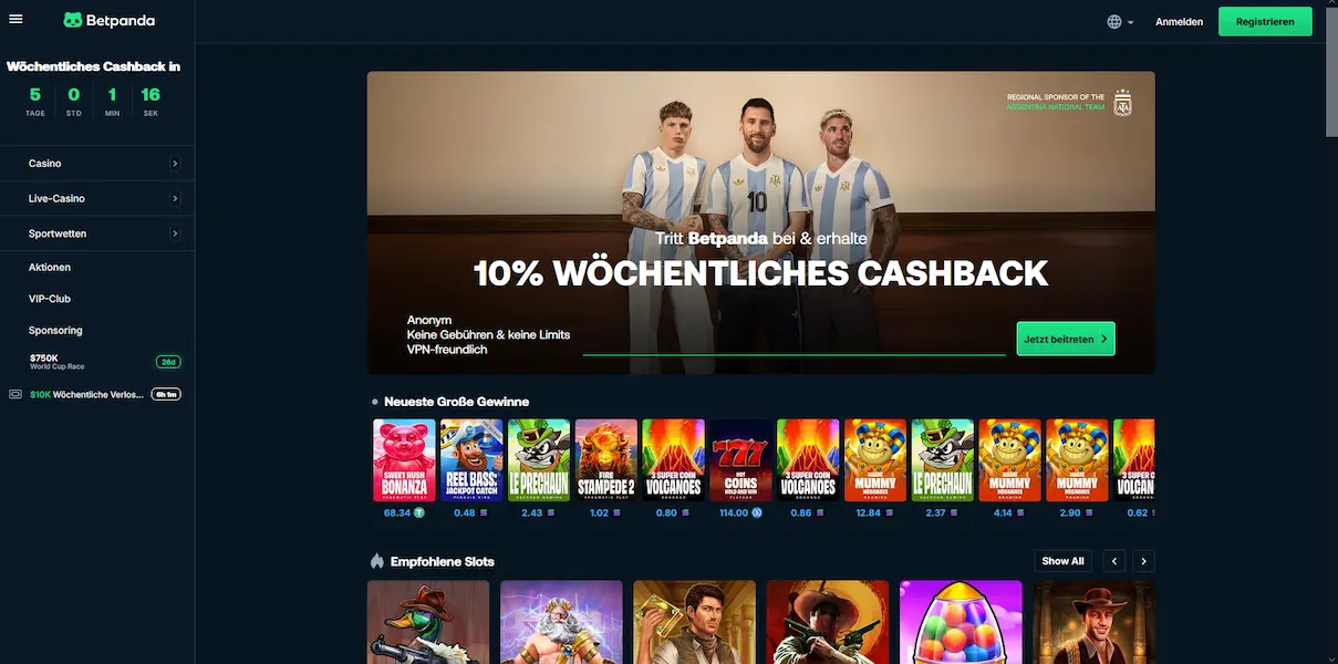 Betpanda Casino Lobby mit über 6.000 Krypto-Slots und Live-Spielen