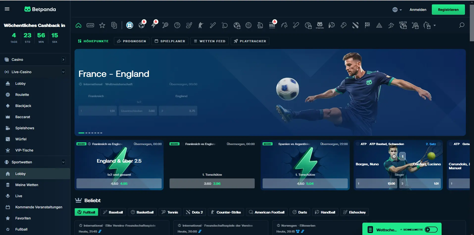 Sportwetten-Bereich bei Betpanda mit über 50 Sportarten